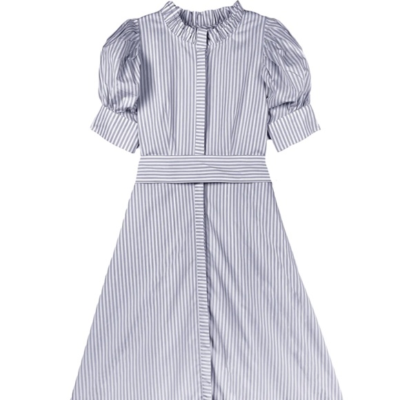 NEW NWT BURU Puff Sleeve Day Gown Dress, Midi Length, Grey Poplin Stripe, XS - Picture 1 of 5